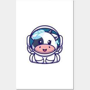 Cute baby cow wearing an astronaut suit, cartoon character Posters and Art